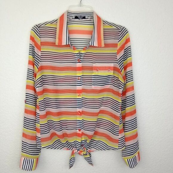ANTHROPOLOGIE | MINE Sheer Striped Front-Tie Button Down Shirt - [size Medium] - Picture 1 of 13